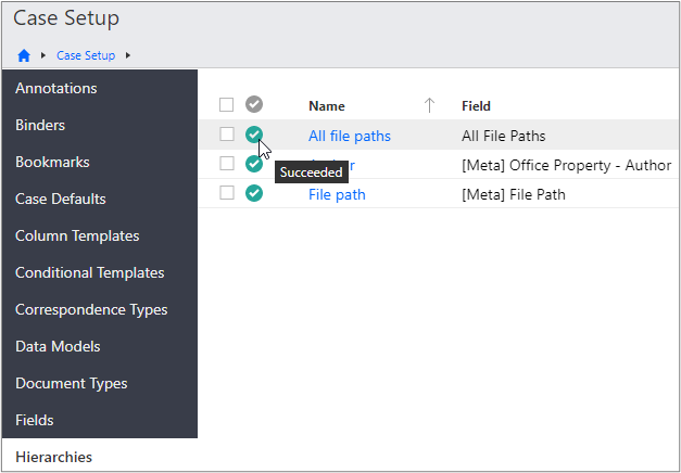 Hierarchies page showing a hierarchy with a processing status of Succeeded.
